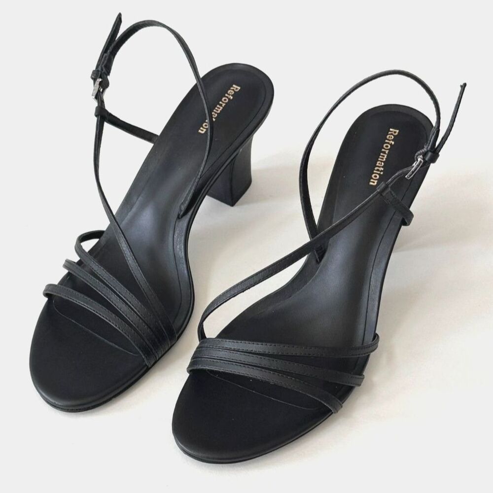 Reformation Pixie High Heel Strappy Sandals – Black Leather – Size 8 – Like New